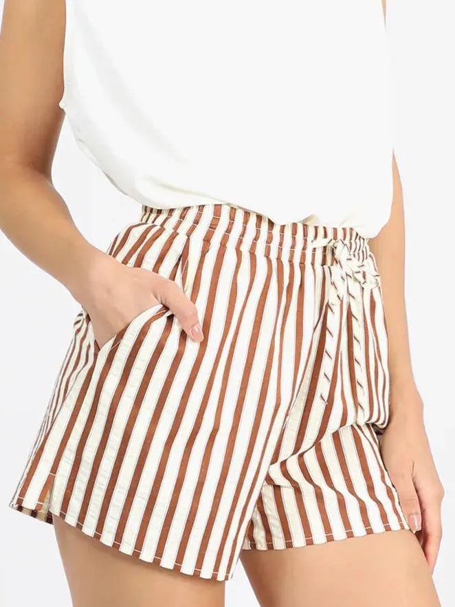 Greylin White & Brown Striped Tie-Waist High Waist Shorts